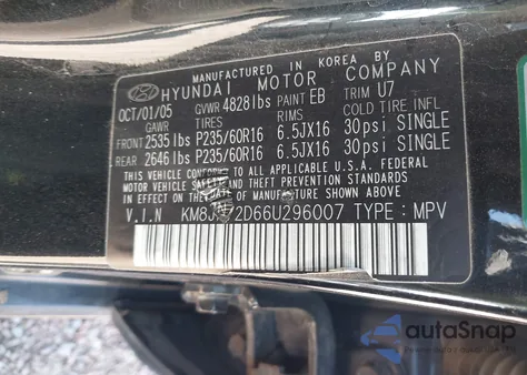 2006 Hyundai Tucson Gls/Limited from USA, damaged, VIN KM8JN72D66U296007